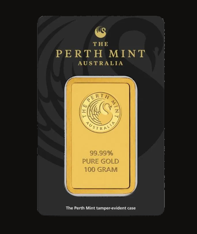 A 100 gram gold bar from The Perth Mint Australia, displayed inside its black and gold tamper-evident packaging card against a white background.